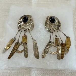 ✨ Vintage Modernist Statement Earrings | Black Stone + Mixed Metal Dangles